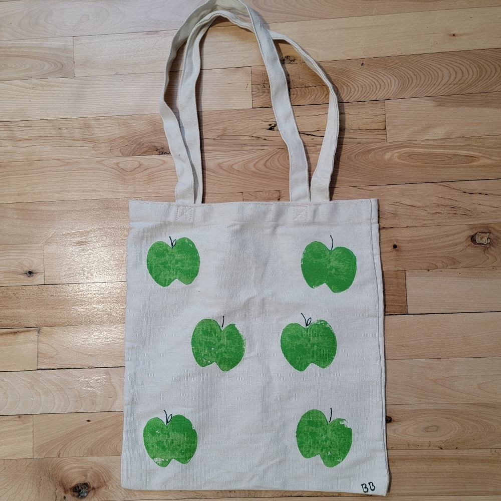 Tote Bag Green Apple Stamped Handmade
